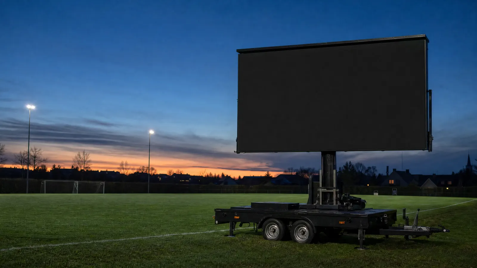 Der Anhänger mit ausgefahrener LED-Leinwand am Sportplatz in der blauen Stunde
