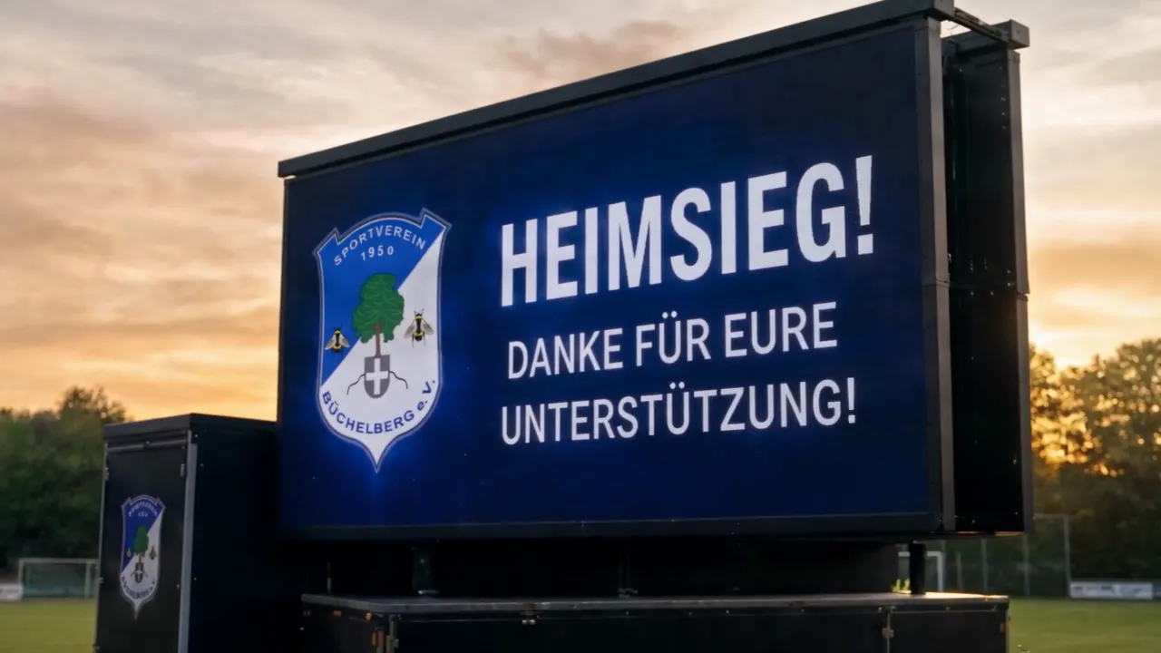 Der Anhänger am Spielfeldrand, die LED-Wand schaltet sich ein und zeigt eine Botschaft an die Zuschauer